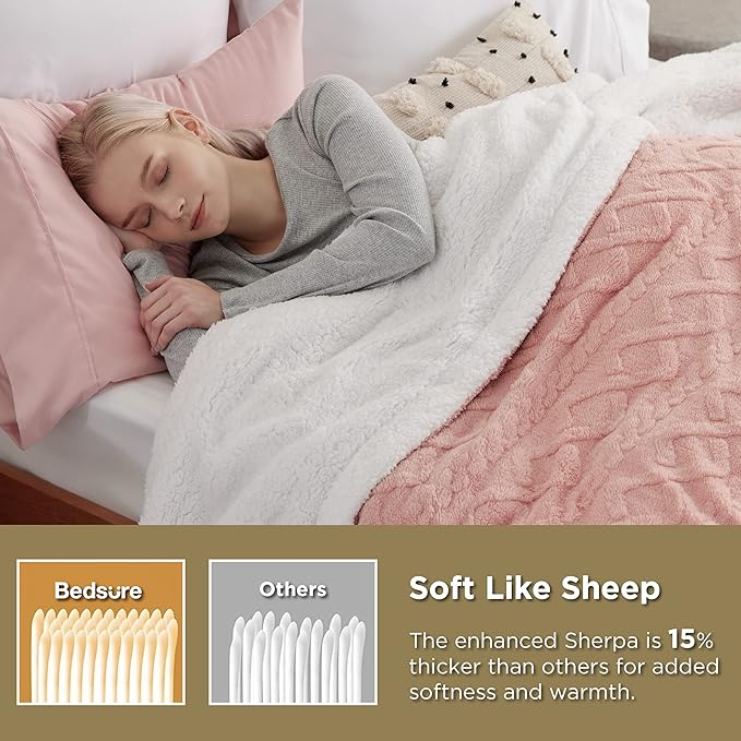Bedsure Sherpa King Size Blanket for Bed- GentleSoft Fleece Fluffy & Cozy Cable Jacquard Tufted for Women Gift, Thick and Warm Blankets for Winter, Pink, 108x90 Inches