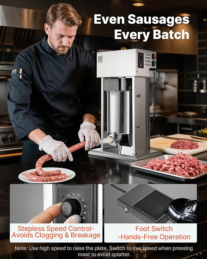 VEVOR Electric Sausage Stuffer, 22 LBS / 10 L Vertical Meat Stuffer, Stepless Speed Control and Foot Pedal, Stainless Steel Heavy Duty Sausage Filler with 4 Stuffing Tubes, for Commercial & Home Use