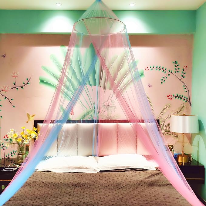Eimilaly Two-Tone Bed Canopy Mosquito Net Pink Blue, Bed Canopy for Girls Room Decor - Insect Protection Hanging Canopy for Adults, Babies, Single Door