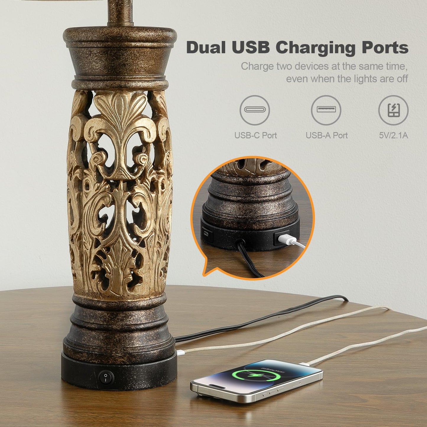 BOBOMOMO Table Lamps Set of 2, 27.25·Antique Gold, Resin, Vintage Design, USB A+C Ports, Bulbs Included