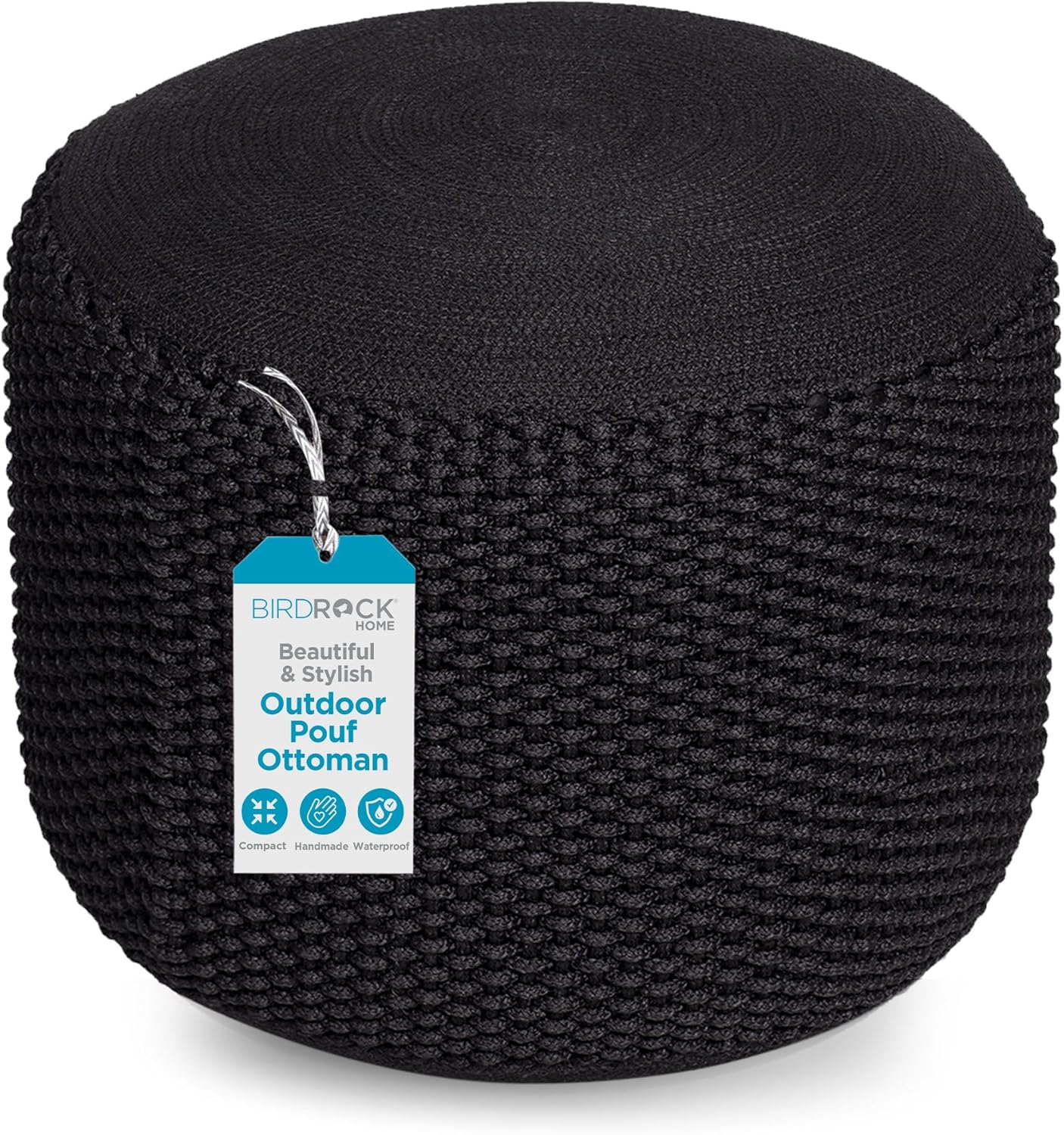 BIRDROCK HOME Outdoor Pouf Ottoman | Hand Woven Waterproof Foot Stool with Bead Bag Filling | Boho Foot Rest for Patio, Living Room, Porch & Outdoor Seating | Lightweight, Soft Stuffed Chair | Black