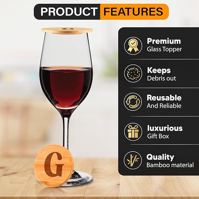 Personalized Wine Glass Charcuterie Topper - Custom Laser Engraved Initial Bamboo Wine Glass Topper Stopper Coasters Plate ID Identification Wine Glass Charcuterie Board Topper (Letter G)