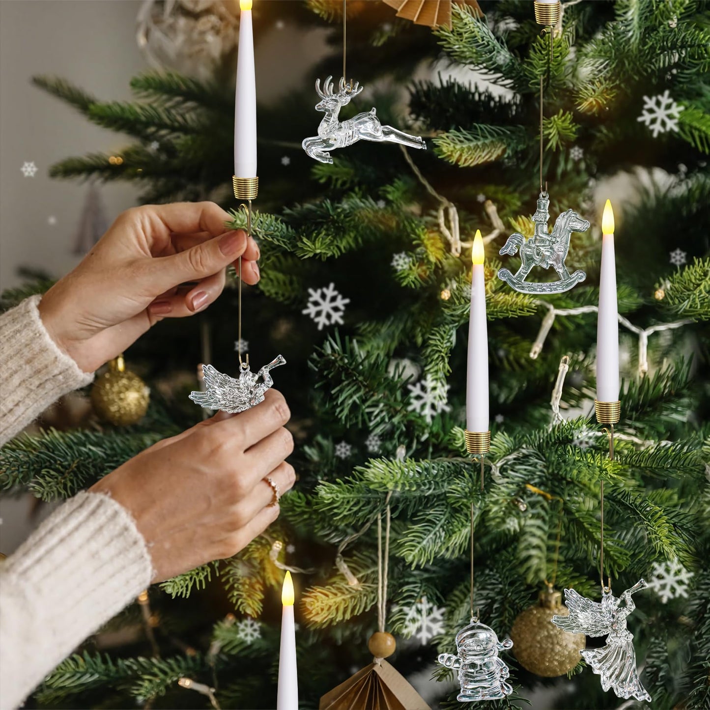 Yeelida Pack of 12 Flickering Remote 0.5" x6" LED Short Taper Candles with Snowman Reindeer Fairy Hooks, Battery Operated Timer Window White Plastic Flameless Candlesticks for Holiday Decor