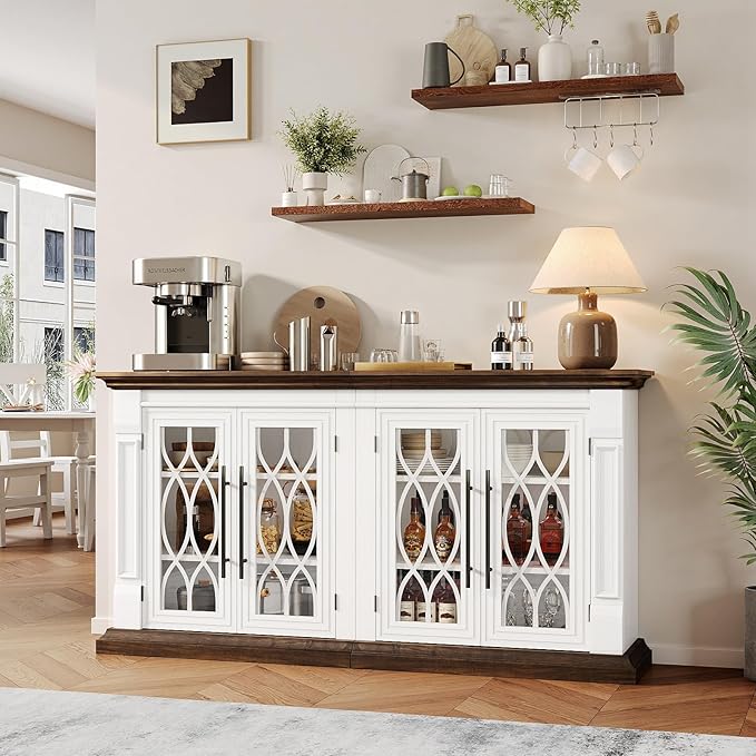 60 inch Farmhouse Buffet Sideboard Cabinet with 4 Glass Doors, Coffee Wine Bar Storage Cabinet, Buffet Table with Adjustable Shelves for Dining Room, Kitchen, Living Room