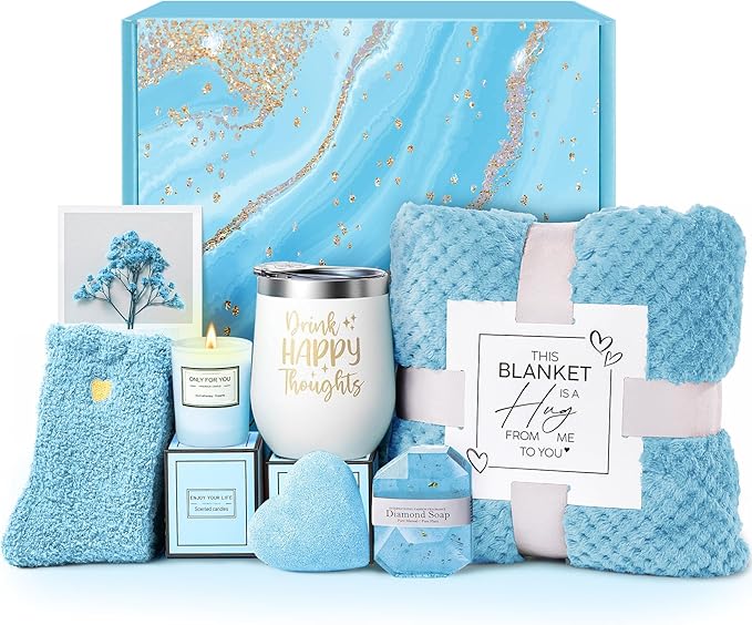 Self Care Get Well Soon Gifts for Women, Luxury Ocean Spa Gift Basket with Flannel Blanket - Unique Birthday Christmas Mot...