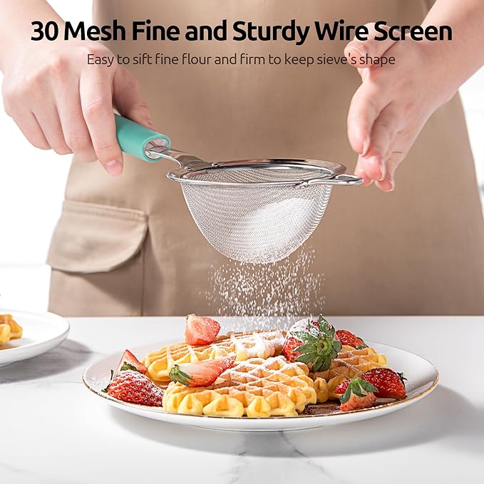 U-Taste Fine Mesh Food Strainer: 18/8 Stainless Steel 30 Mesh Kitchen Sieve with Sturdy Riveted Silicone Handle, Heavy Duty Deep Handheld Metal Colander (Small/3.35in+Medium/4.73, Aqua Sky)