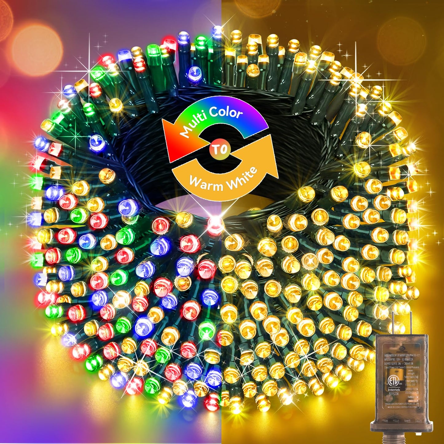 Hezbjiti 1000LED Color Changing Christmas Lights, 403FT Green Wire, IP44 Waterproof, Warm White & Multicolor, 11 Modes