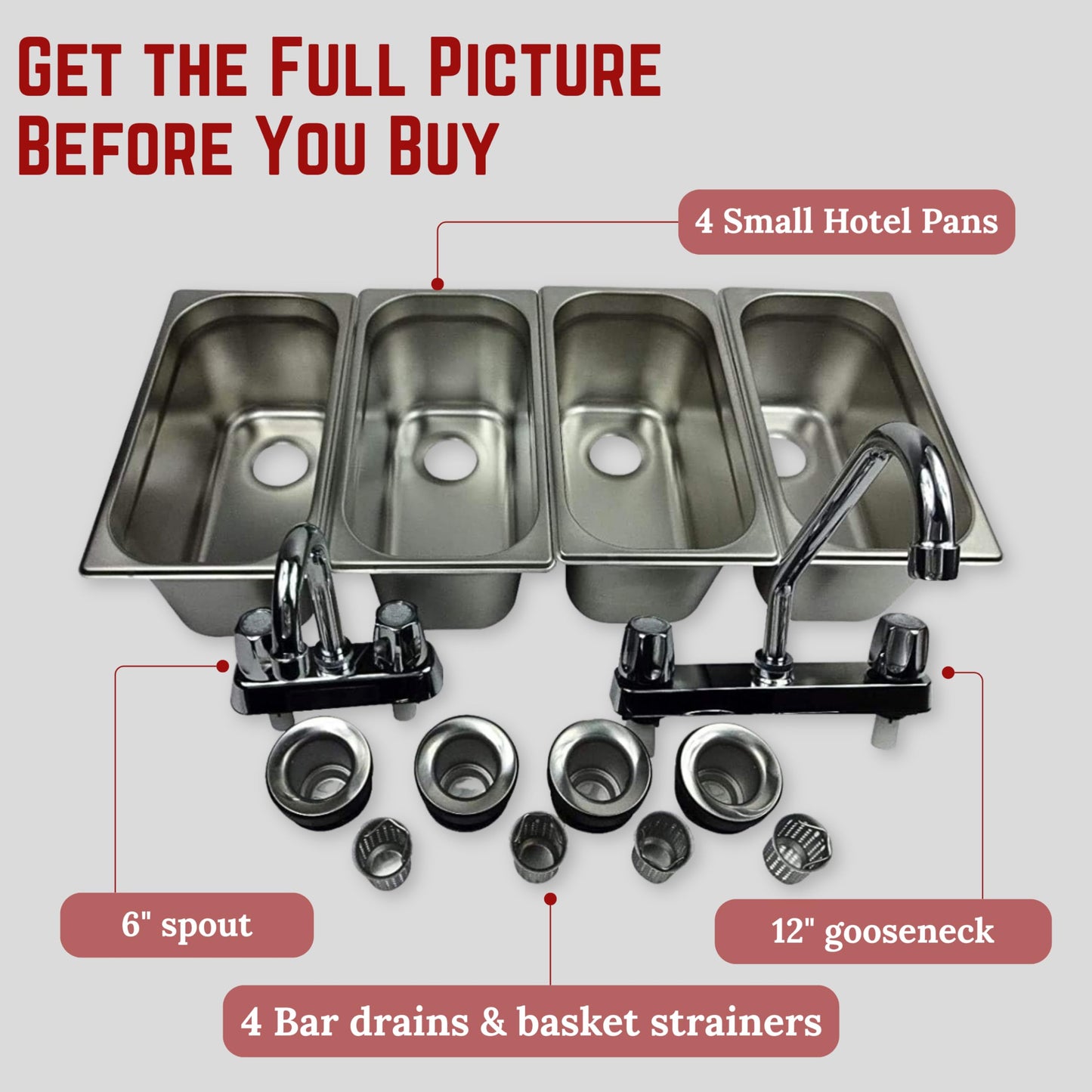 Standard 4-Compartment Drop-in Stainless Steel Concession Sink Set & Hand Washing for Concession Stand Food Trailer