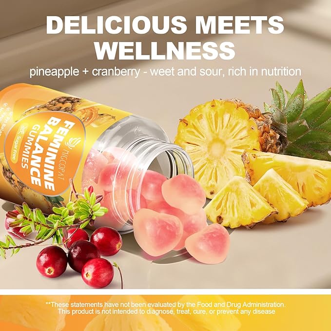Premium Feminine Balance Gummies, Women’s Health Probiotics, Immune Support, Gut Health, Hormone Balance, PH Balance Vitality, Pineapple Flavor, 60 Count