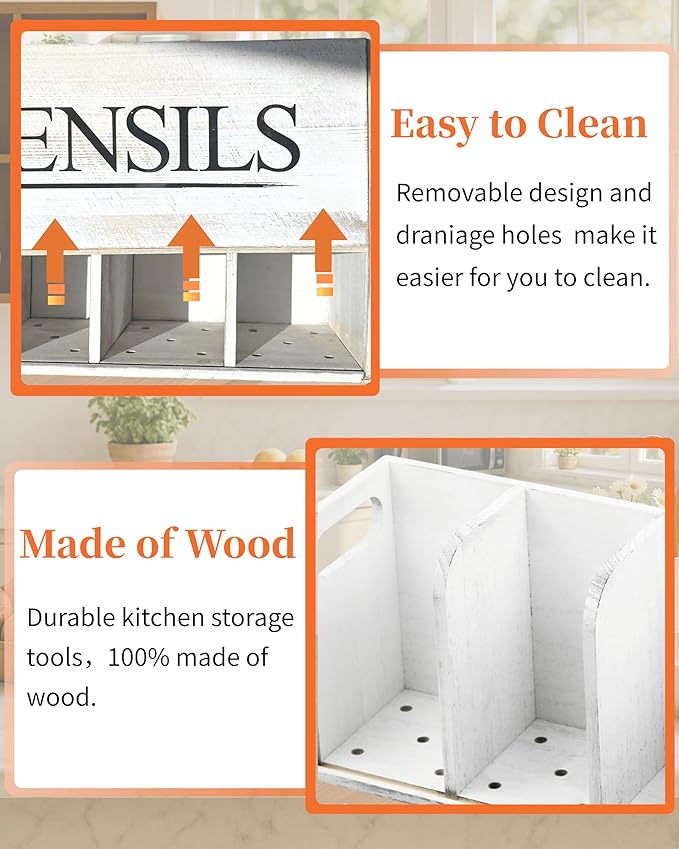 White Kitchen Utensil Holder Rustic Large Wooden Utensil Organizer Cooking Tools Storage