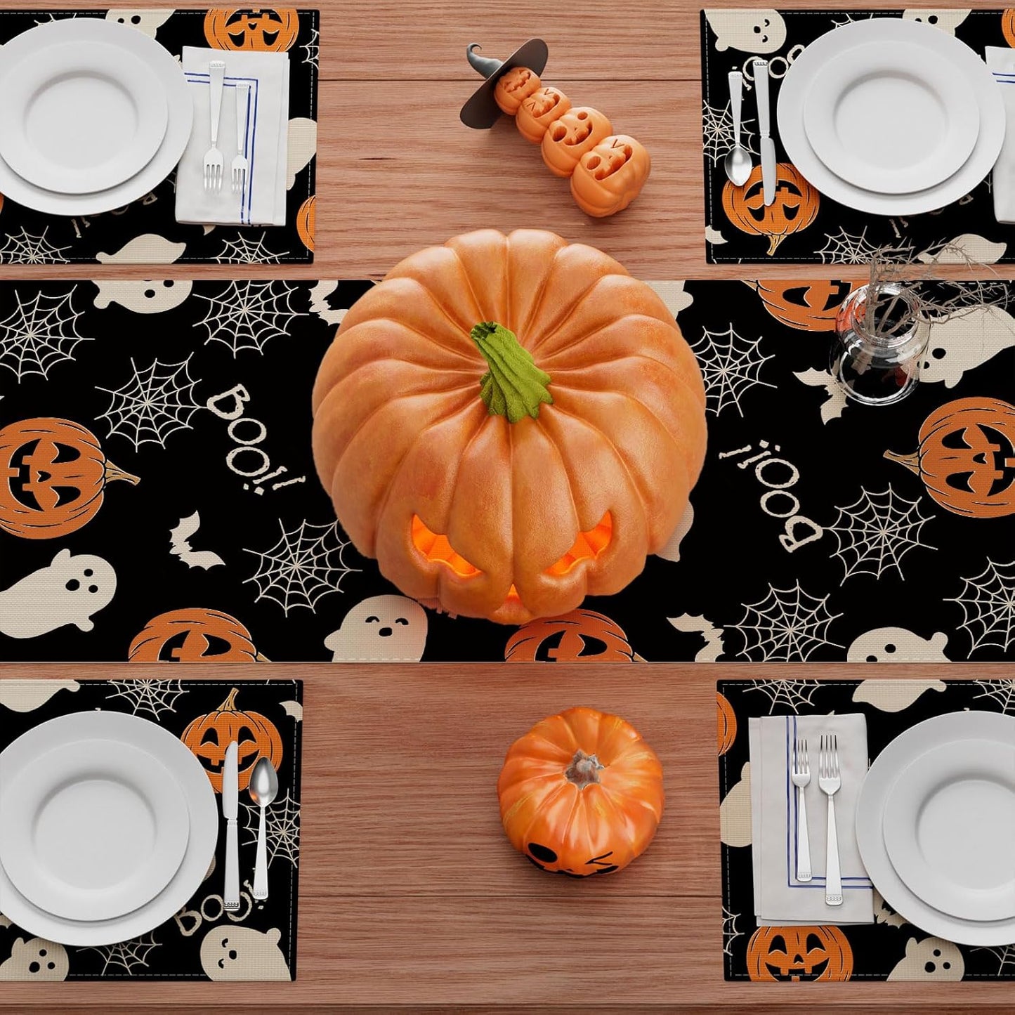 XCHI Boo Spooky Ghost Pumpkin Halloween Table Runner Burlap Table Decoration for Home Kitchen Dining Dinner Indoor Holiday Farmhouse Decor 13x90 Inch