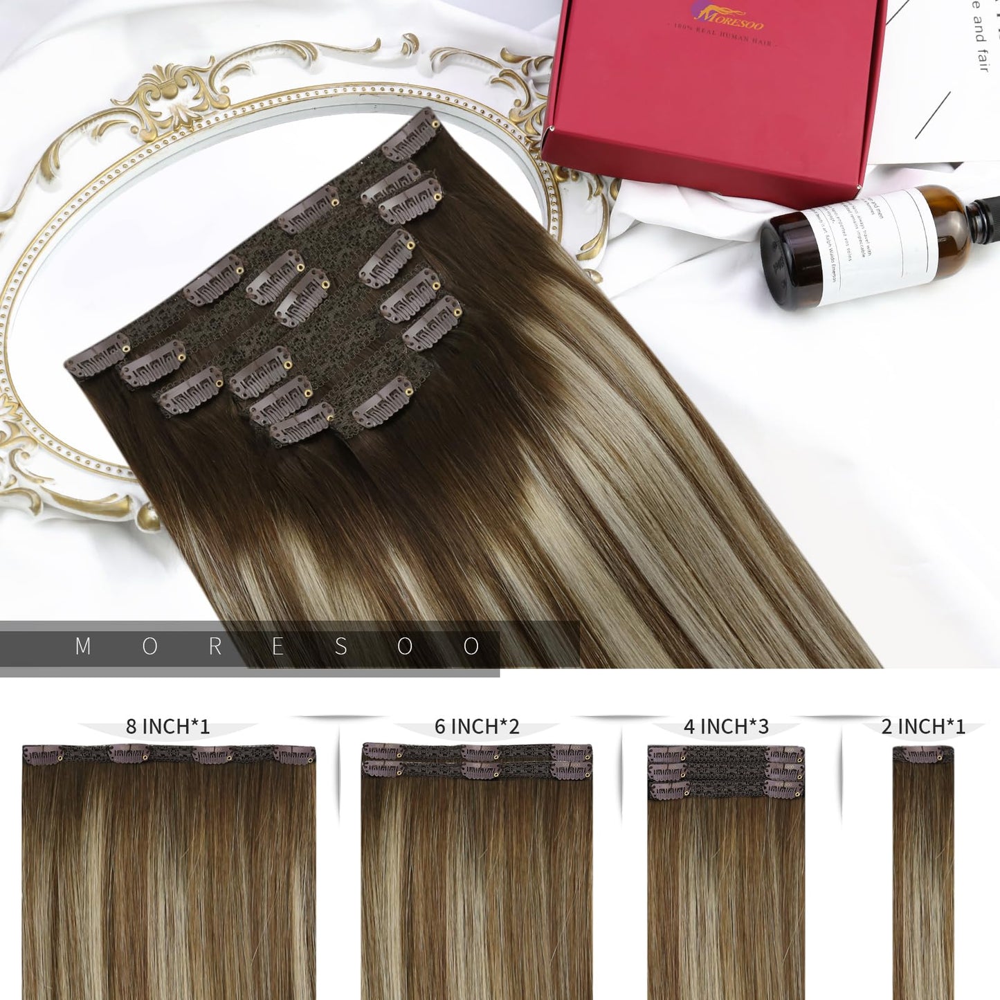 Moresoo Clip in Hair Extensions Balayage Remy Straight Human Hair Extensions Clip in Ombre Dark Brown Mixed Medium Brown with Bl
