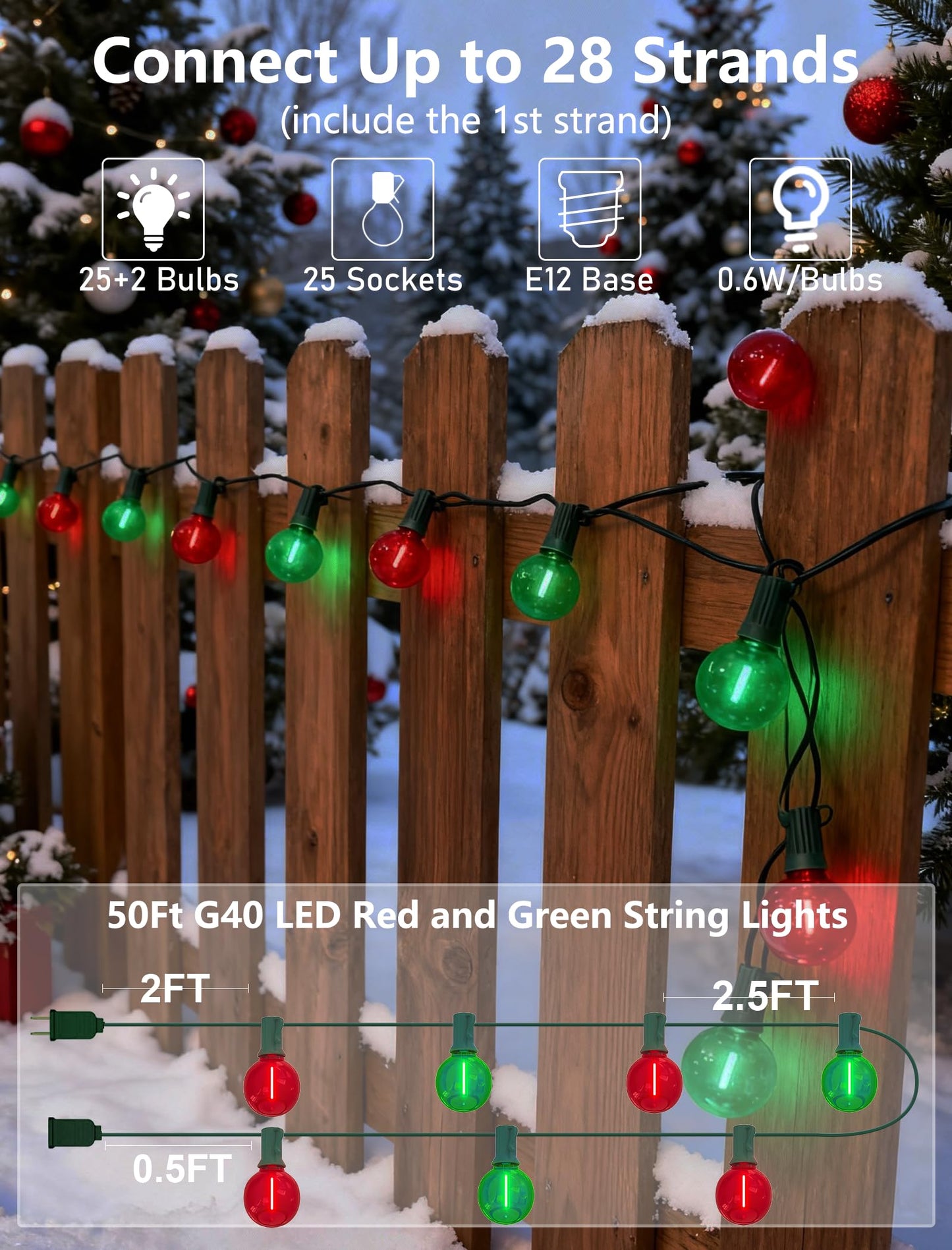 50Ft Clear Red And Green Outdoor Led Lights G40 Globe Patio Christmas String Lights With 25 Ceramic Colorful Bulbs(2 Spare) Outside Christmas Hanging Lights For Christmas Tree Roofline Holiday Party