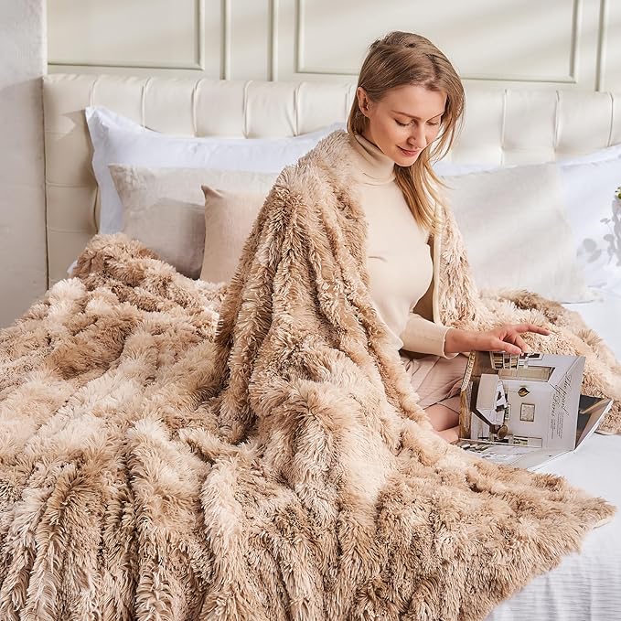 GONAAP Fuzzy Faux Fur Throw Blanket Tie-dye Beige Super Soft Cozy Plush Fuzzy Shaggy Blanket for Couch Sofa Bed (Tie-dye Beige, Throw(50"x60"))