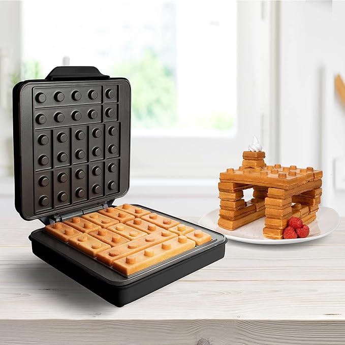 Building Brick Electric Waffle Maker- BLACK with 2 Construction Eating Plates- Cook Fun Buildable Gingerbread Man House Waffles Pancakes- Stack & Build Creations on Serving Dishes, Activity Xmas Gift