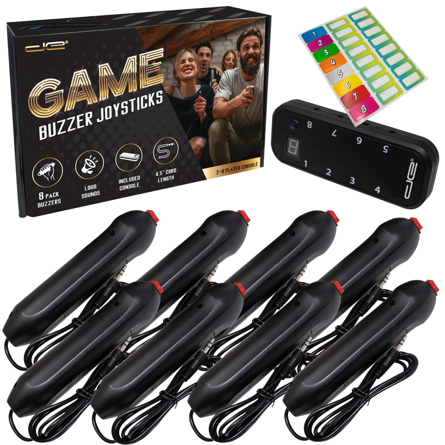 Digital Energy Handheld Buzzer Game System - Console Displays First Buzz-in - Great for Jeopardy  Family Feud  Trivia and Buzzer Games - Console with 8 Joystick Buzzers-New