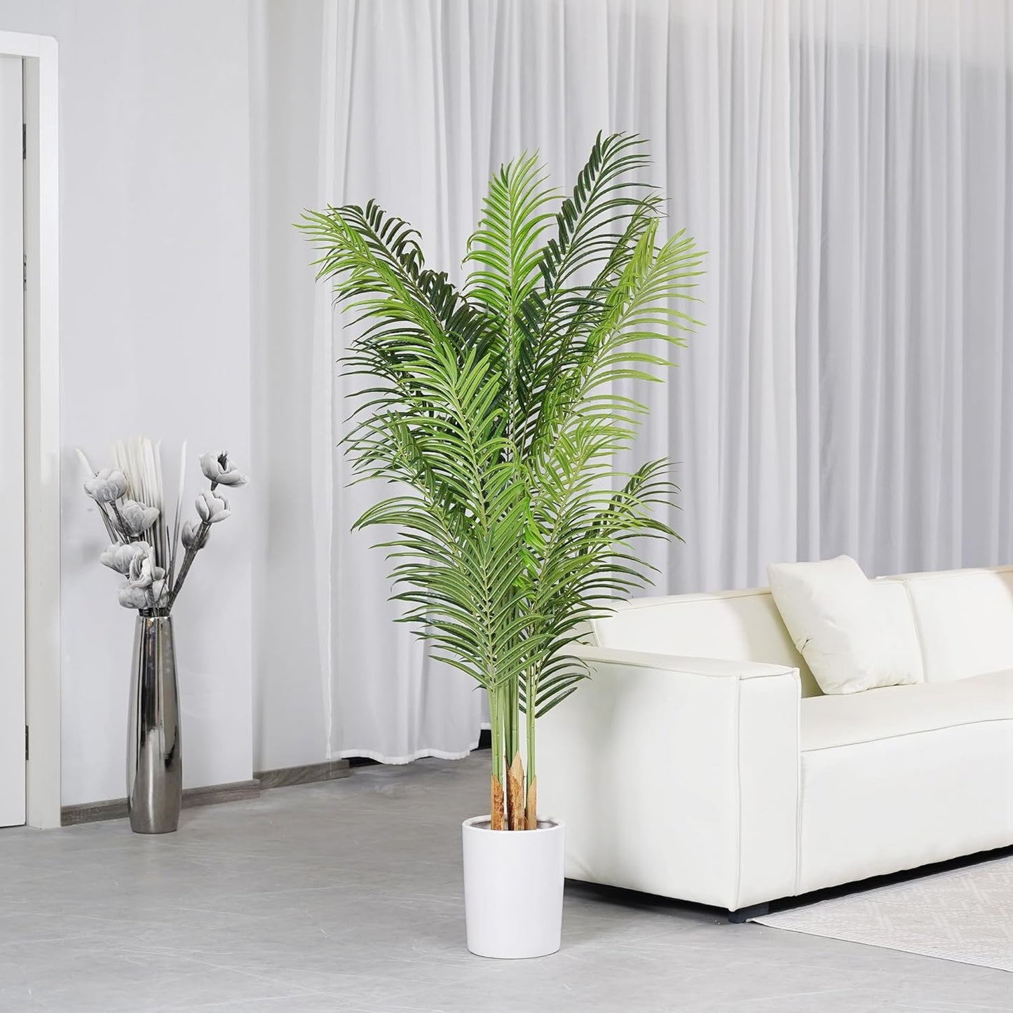 Artificial Palm Tree 6Ft Faux Silk Green Realistic Decorative Tall Fake Potted Plants Artificial for Bedroom Living Room Office Home Decor Indoor Outdoor