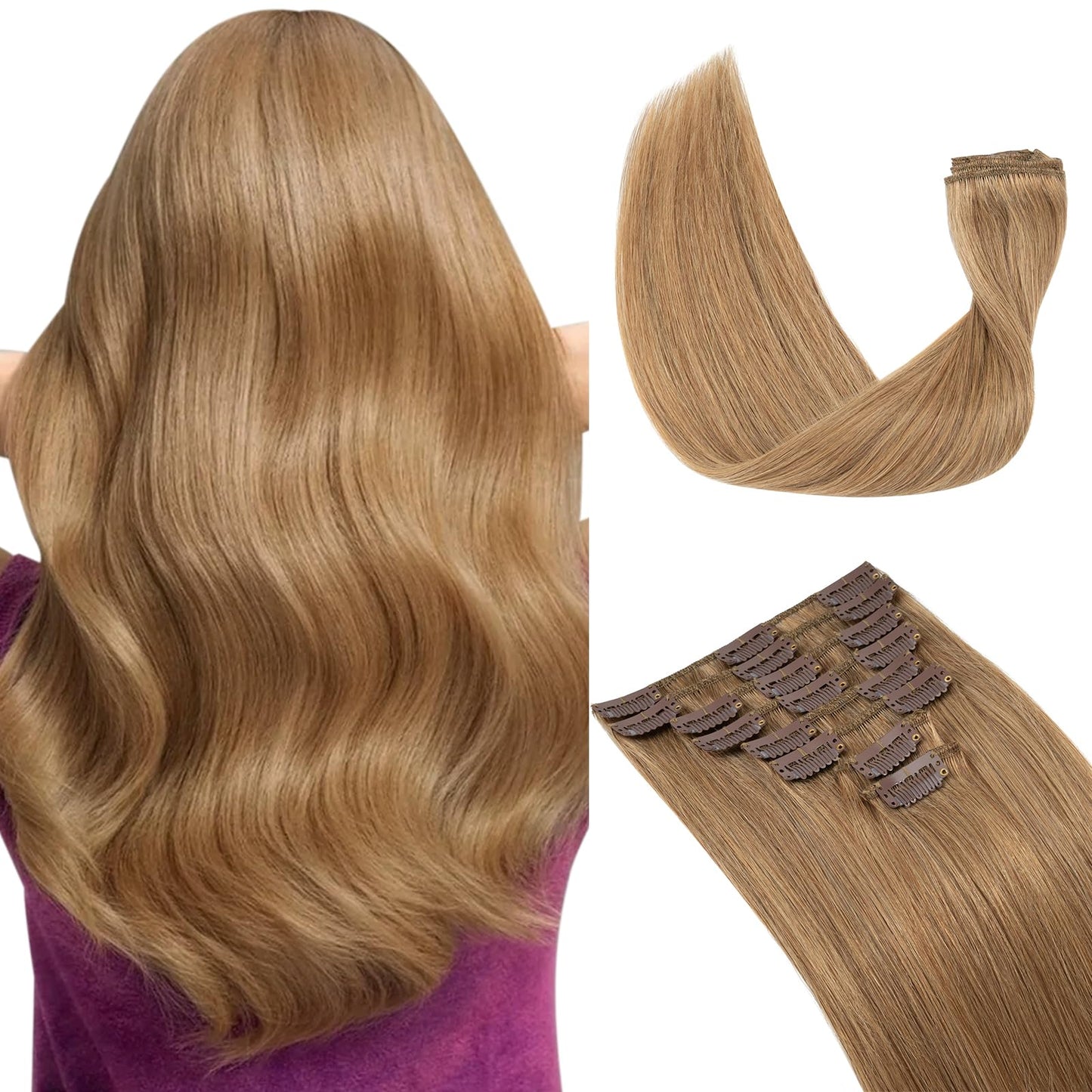 Hairro 8 Inch Short Clip in Human Hair Extensions 45g Thin 8 Pcs 18 Clips Standard Weft Straight Clip on 100% Human Hairpieces f