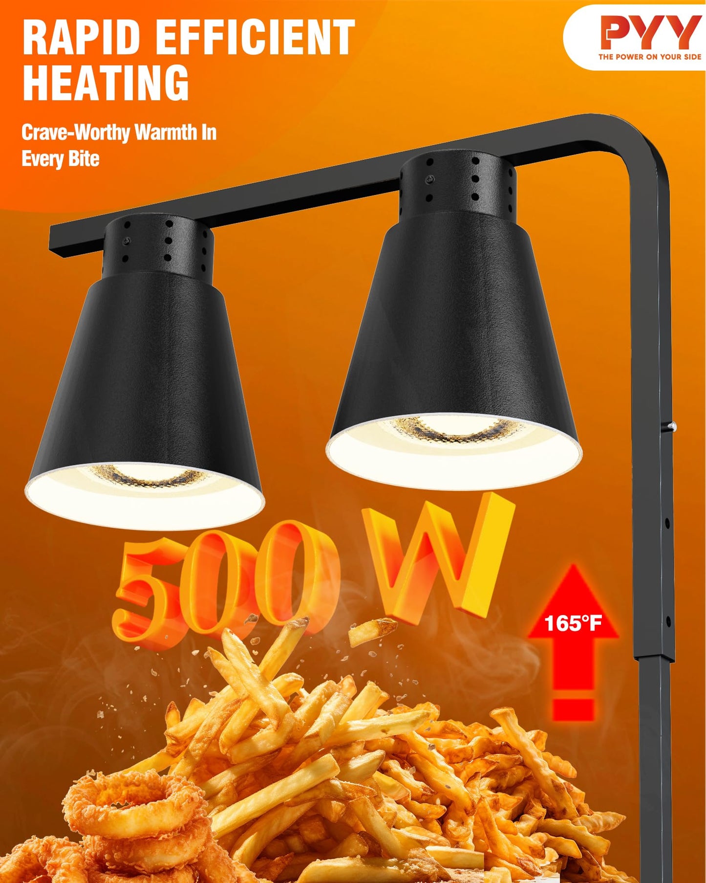 PYY Food Heat Lamp - with Pan and 2-Bulb for Fast and Steady Heaing, 500W Commercial Food Warmer Light, Stainless Steel Warming Lamp with Adjustable Stand, for Restaurant, Catering and Buffet