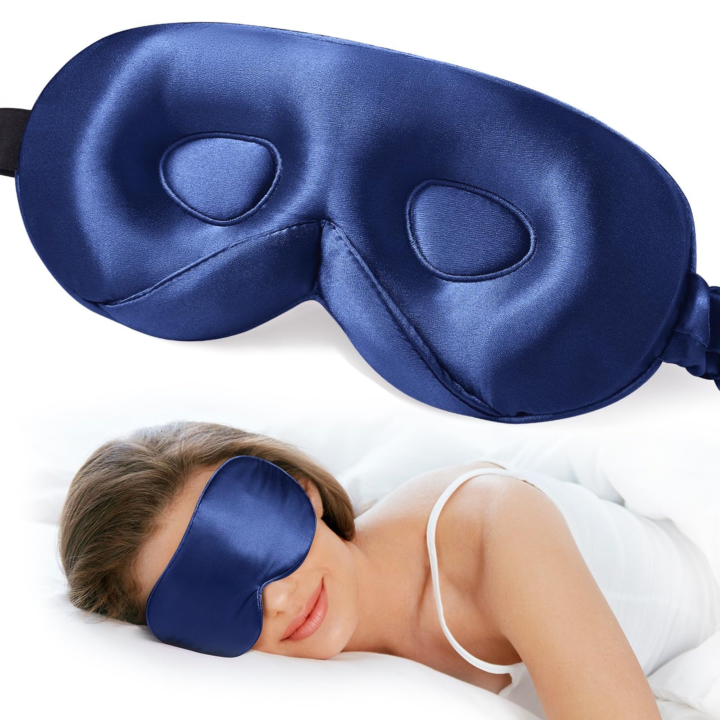 LitBear 100% 22 Momme Mulberry Silk Sleep Mask - 3D Contoured Eye Mask for Men Women, Soft Breathable Sleeping Mask with Adjustable Strap, Perfect Blocks Light for Sleeping (Midnight Blue)