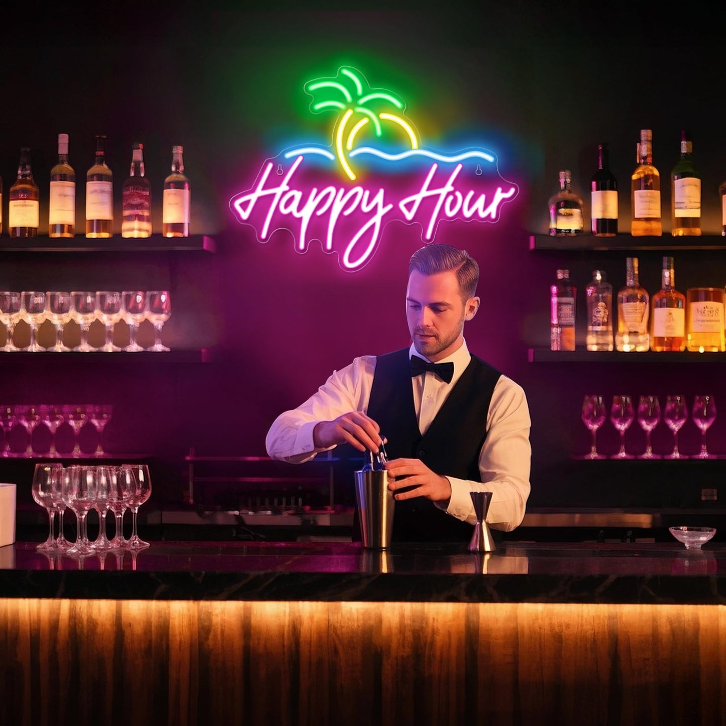 Kavaas Happy Hour Neon Sign 15.7 X 11.2  Palm Tree Neon Bar Signs For Home Bar Man Cave Club Pub Party - Best Gifts For Husband  Father  Birthday  Christmas