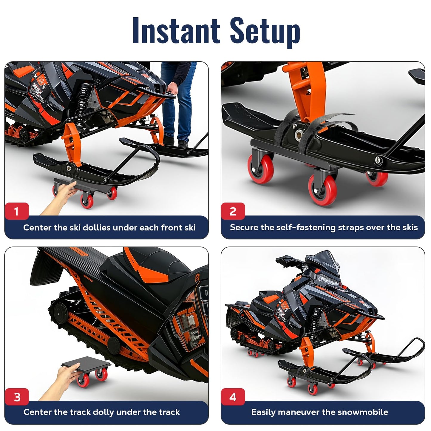 Snowmobile Dolly Heavy Duty with 3 Inch Caster Wheels,Sled Dollies Set of 3 Holding Up to 1660 LBS,V-Slide Steel Dollies with Full Rubber Pad Protecting Ski,and 2 Pairs of Straps Attaching on Skis