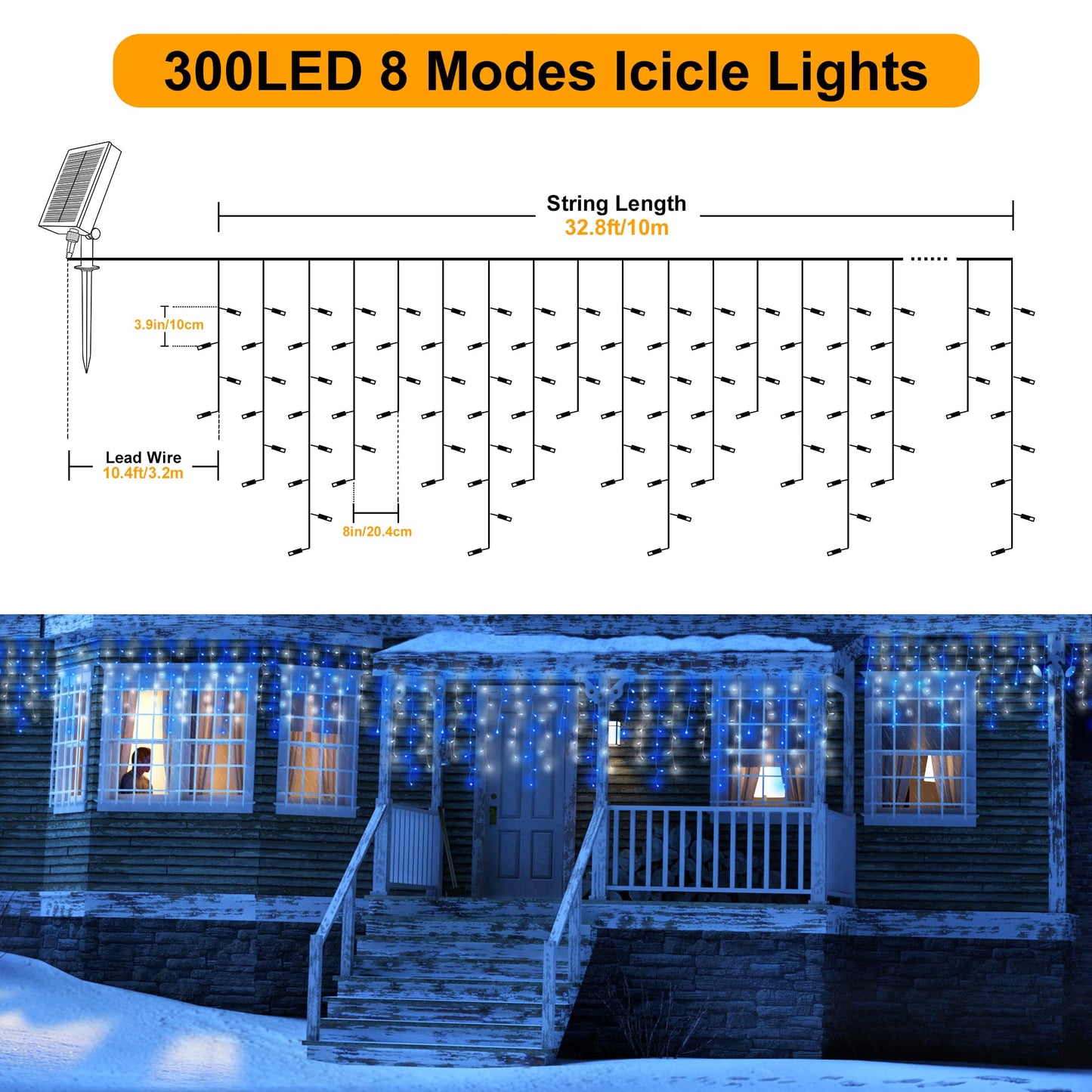 mimigogo 300 LED Solar Icicle Lights, 33ft, 8 Modes, Blue White, Remote Control for Outdoor Christmas Party Decorations