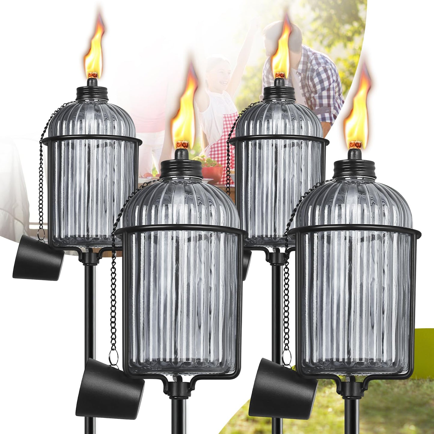 FAN-Torches 4 Pack Garden Torches, 61-Inch Gray Metal Citronella Torches with 3-Prong Stake, Model BLXW-HS-MYD-04