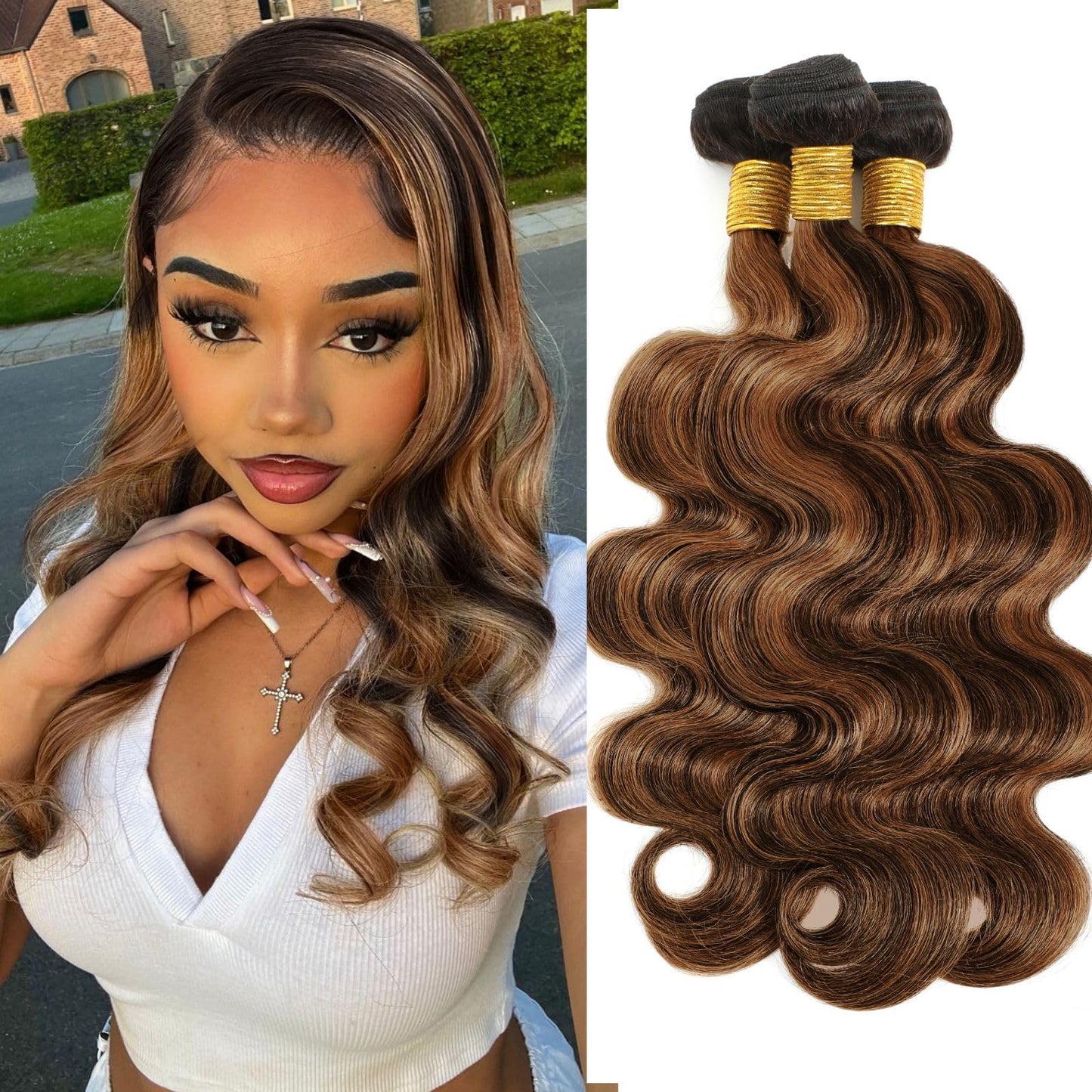 MOMOSHERO 1b/30 Highlight 3 Bundles Human Hair, Ombre Body Wave Fb30 Colored 12A Black and Dark Bundles, Brown Two Tones Balayag