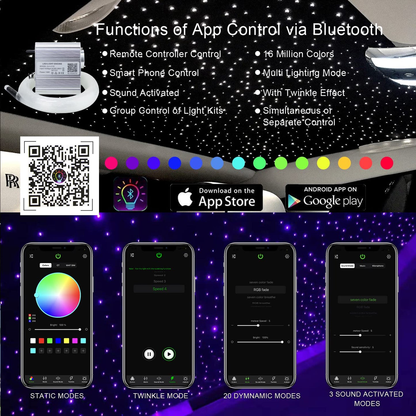 Akepo 10W Twinkle Fiber Optic Lights Kit, Rgbw, 9.8Ft/3M, Multicolor, Music Mode, 430Pcs, Ideal For Star Ceiling In Car