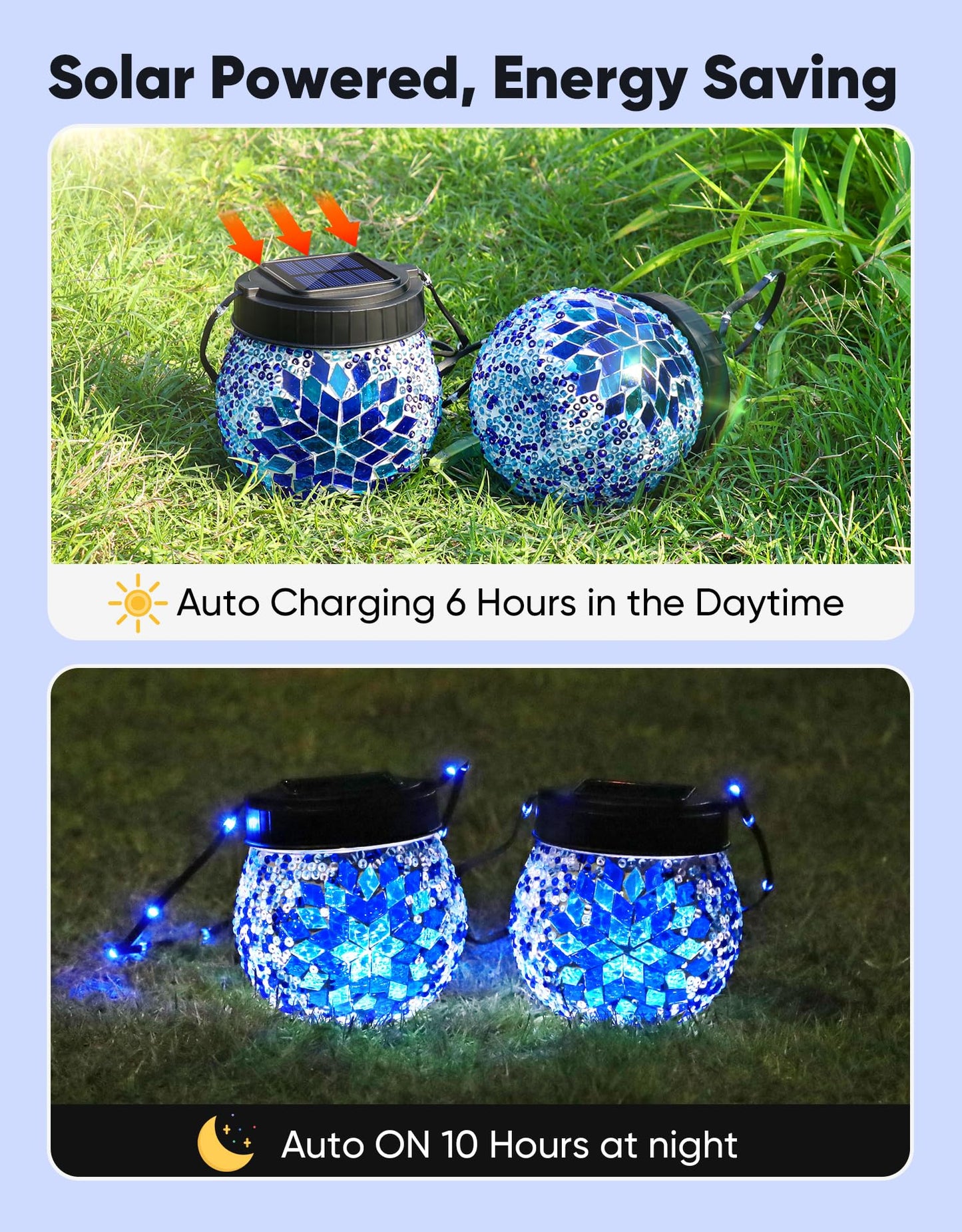 Mosaic Solar Lights Outdoor 2 Pack  Solar Hanging Lanterns Christmas Halloween Gifts For Women Mom Grandma  Waterproof Glass Globe Lights  Garden Patio Decor For Yard  Tree  Balcony  Cold