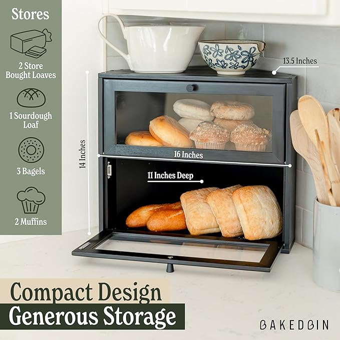 Corner Bread Box for Kitchen Countertop - New 2025 Airtight Design - Extra Large, Double Layer Black BreadBox, Vintage Storage for Homemade Bread, Under Cabinet Organizer