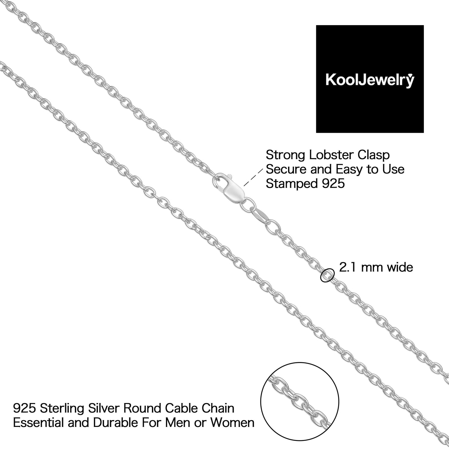 Kooljewelry Sterling Silver Round Cable Chain Necklace (2.1 mm, 30 inch)