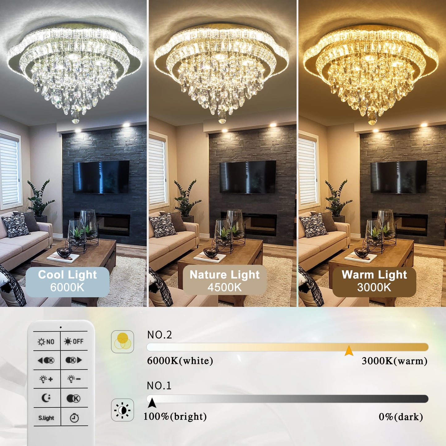 OSGNER 24in Gold Crystal LED Flush Mount Chandelier with Remote Control, 3-Color Dimmable, Modern Flower Design, Model X505-24-GD