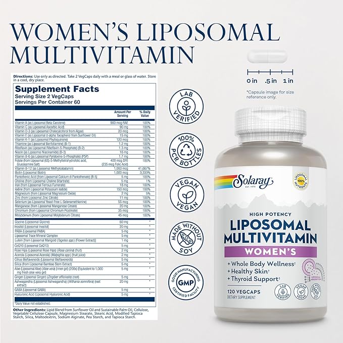 SOLARAY Vitamin E 1000 IU and Women’s Liposomal Multivitamin Bundle - d Alpha Tocopheral and Enhanced Absorption, High Potency Multivitamin for Women Iron - Skin, Heart, Bone Support - 60 Servings