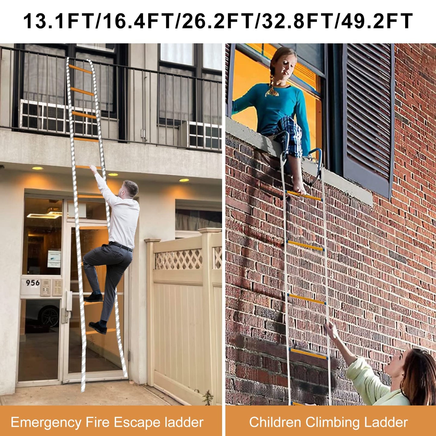 Rope Ladder,13 Feet Emergency Fire Escape Ladders Flame Resistant Safety Rope Ladder with Hooks,Fast to Deploy Sturdy and Strong Portable and Reusable 2 Story,Weight Capacity up to 2000 Pounds