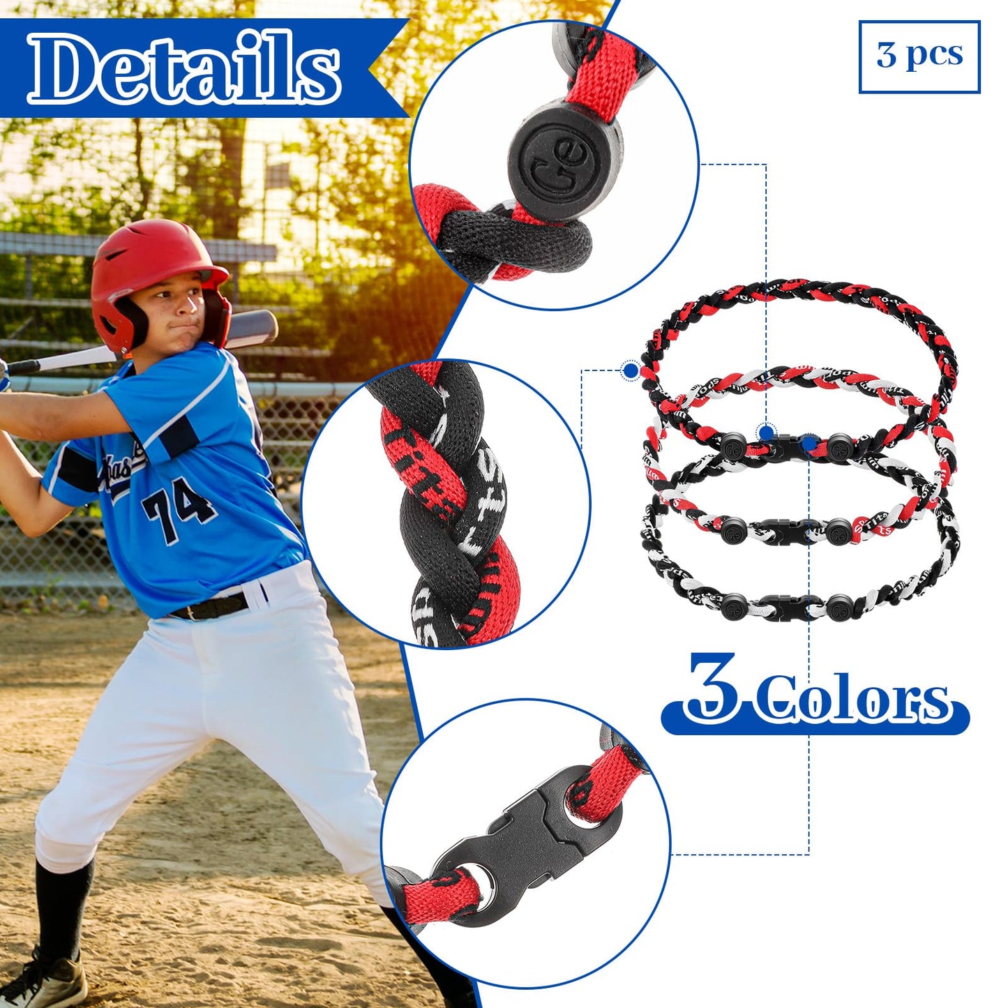 Junkin 3 Pcs Baseball Necklaces Three Braided Rope Titanium Necklace for Team Gifts Boys Men Player Softball Fans Sports (Black