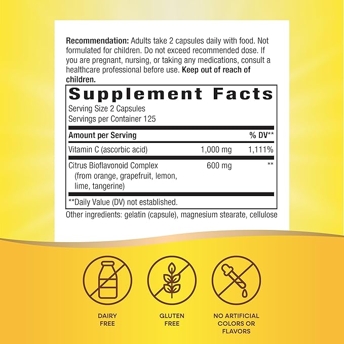 Nature's Way Vitamin C with Bioflavonoids, Immune Support*, High Potency Vitamin C per 2-capsule serving, Promotes Collagen*, 1,000 mg per 2-Capsule Serving, 250 Capsules (Packaging May Vary)