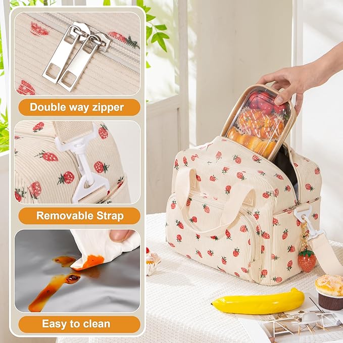Large Lunch Bag for Women Strawberry Insulated Lunch Box Reusable Cooler Bag Portable Cute Corduroy Leakproof Tote Bags with Keychain for Travel, Work, and Picnic