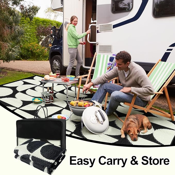 Wonnitar Outdoor Rug 5x8 Waterproof Reversible Plastic Straw Rug for Patio Clearance, Outside Area Rug RV Rug for Camping, Indoor Outdoor Geometric Mat for Deck Balcony Porch (Black & White,5'x8')