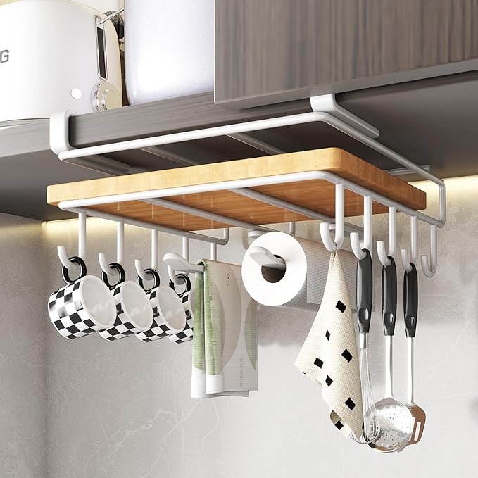 Mug Holder Under Cabinet,Paper Towel Holder for Cabinet,Chopping Board Organizer,No-Hole Multifunctional Stainless Steel Under Cabinet Hooks for Kitchen (White)