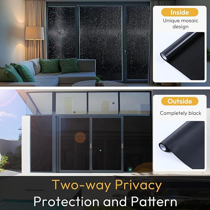 rabbitgoo Window Privacy Film Blackout Mosaic Static Cling Decorative, Removable Rainbow Window Film, Non-Adhesive Heat Control UV Blocking for Bathroom, 23.6 x 78.5 inches Black