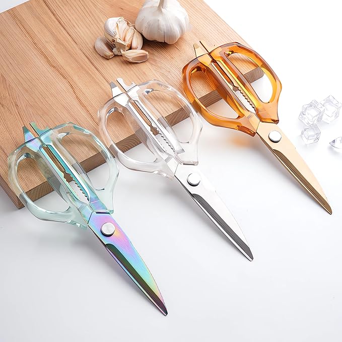 Jasni Transparent Handle Stainless Steel Sharp Powerful Kitchen Scissors Multi-Purpose Heavy Duty Food Scissors Kitchen Shears Chicken Poultry bone fish scales (White handle White blade)