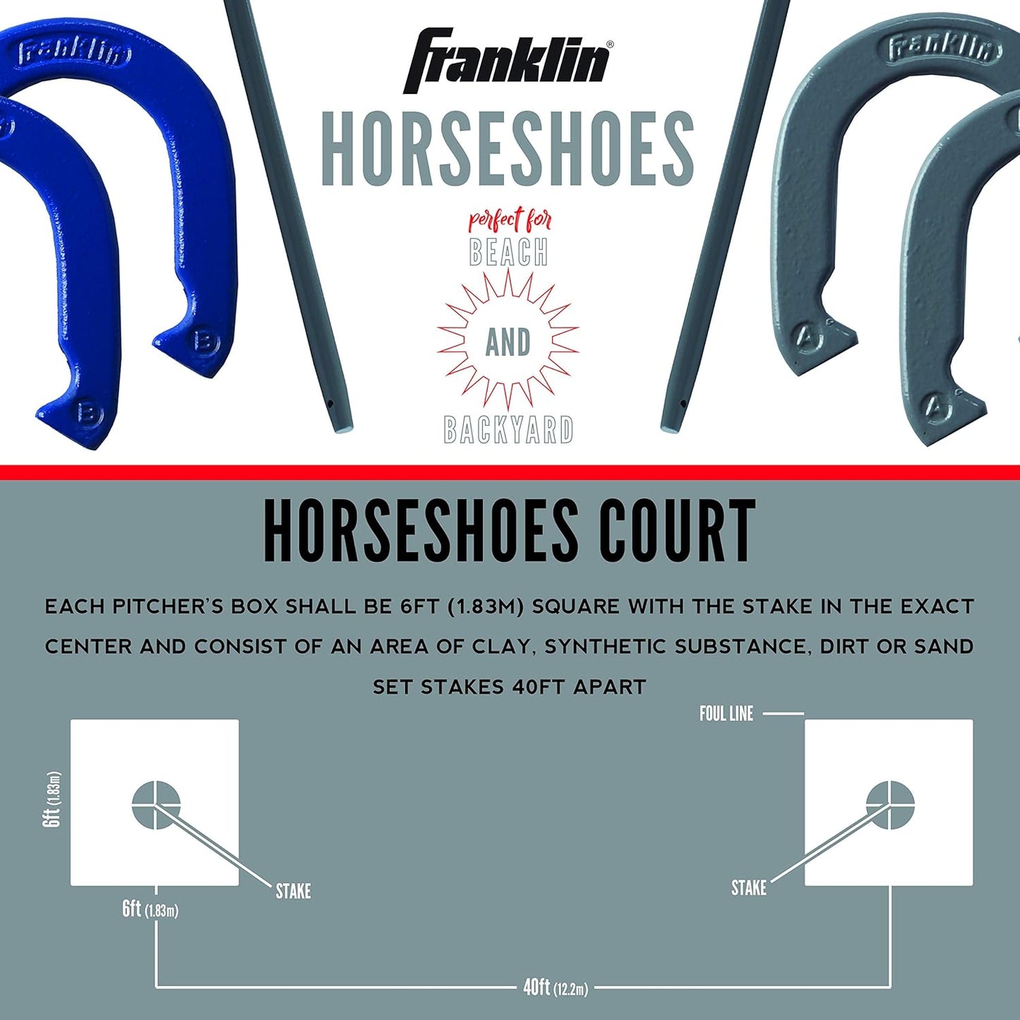 Franklin Sports Horseshoes Sets - Metal Horseshoe Game Sets for Adults + Kids - Official Weight Steel Horseshoes - Beach + Lawn Horseshoes Sets - Sets Include (4) Horseshoes and (2) Ground Stakes