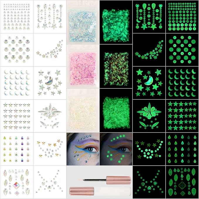 Noctilucent Face Gems, 12Pcs Luminous Face Jewels Rhinestones Stickers and 15g Chunky Glitter Glow in The Dark for Face Ey...