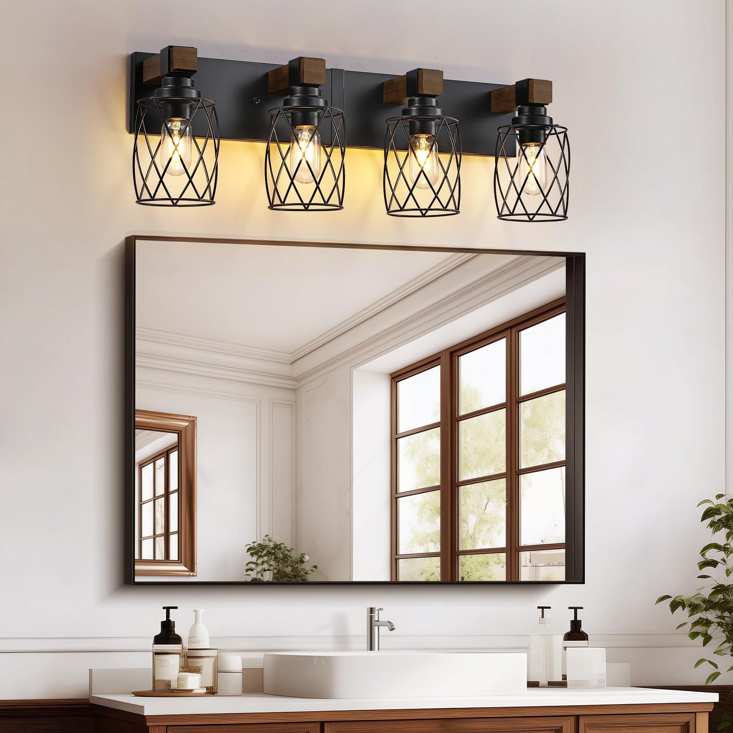 Xvmbvm Farmhouse Bathroom Vanity Light  4-Light Wood Bathroom Light Fixtures Over Mirror  Black Industrial Vanity Lights With Metal Shade  Rustic Bathrooms Lighting For Living Room  Bedrooms  Hallway