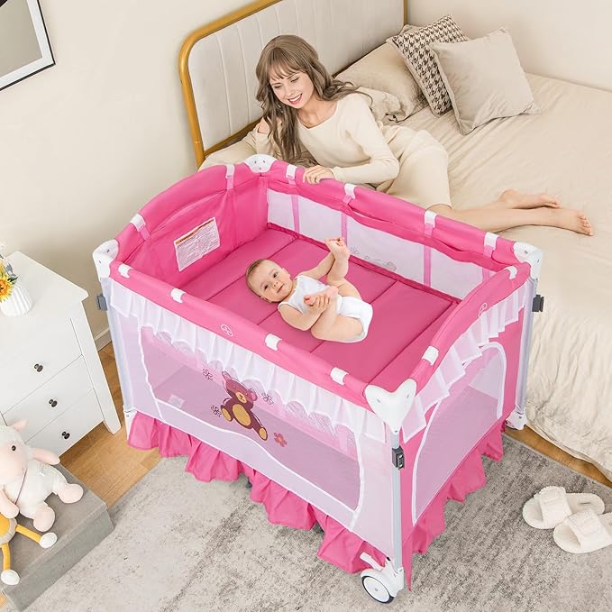HONEY JOY 4-in-1 Pack and Play with Canopy, Portable Baby Playard w/Changing Table and Infant Bassinet, Cute Toys & Music, Foldable Bassinet for Newborn and Toddler (Hot Pink)