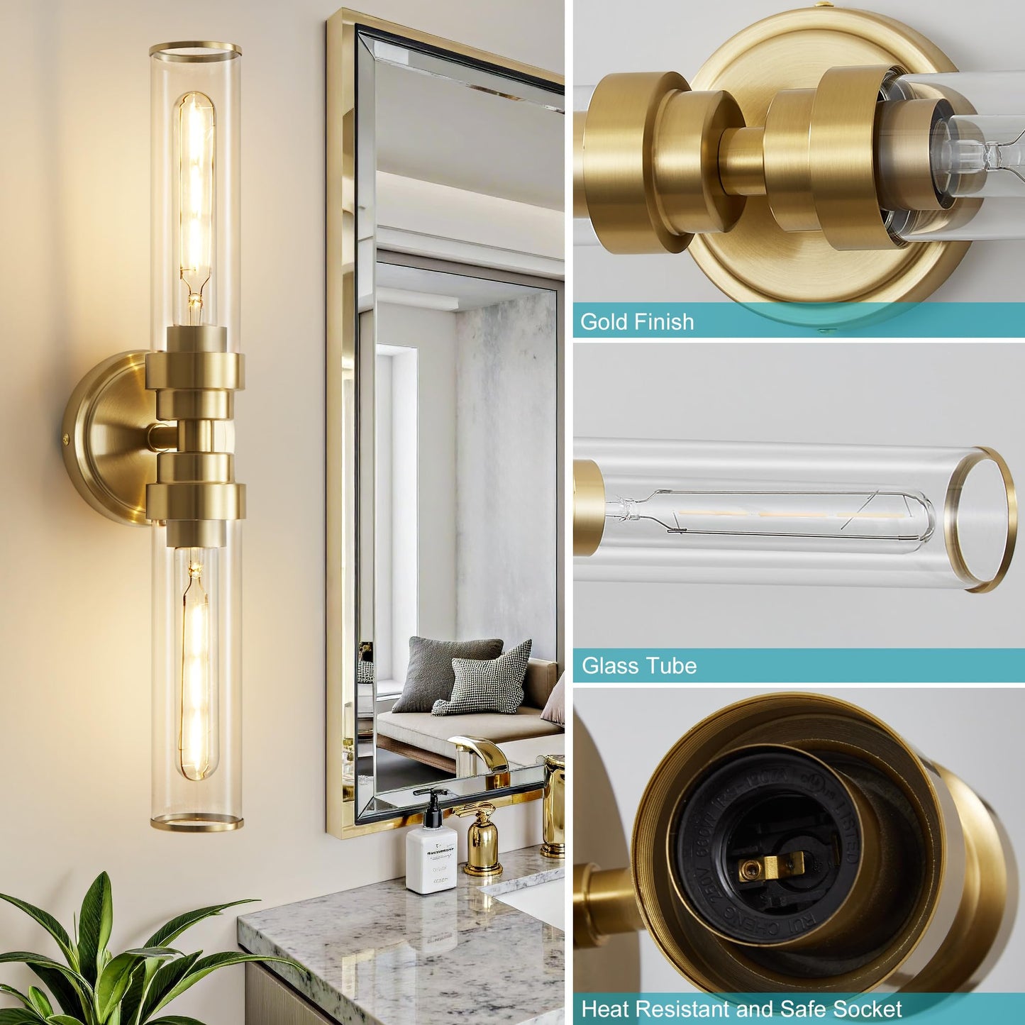 Vaziden Bathroom Light Fixtures  Gold Wall Sconce In Clear Glass Vanity Lights  Modern Bathroom Vanity Light Up And Down Sconces Wall Lighting For Living Room  Hallway  Bedroom - Bulb Not Included