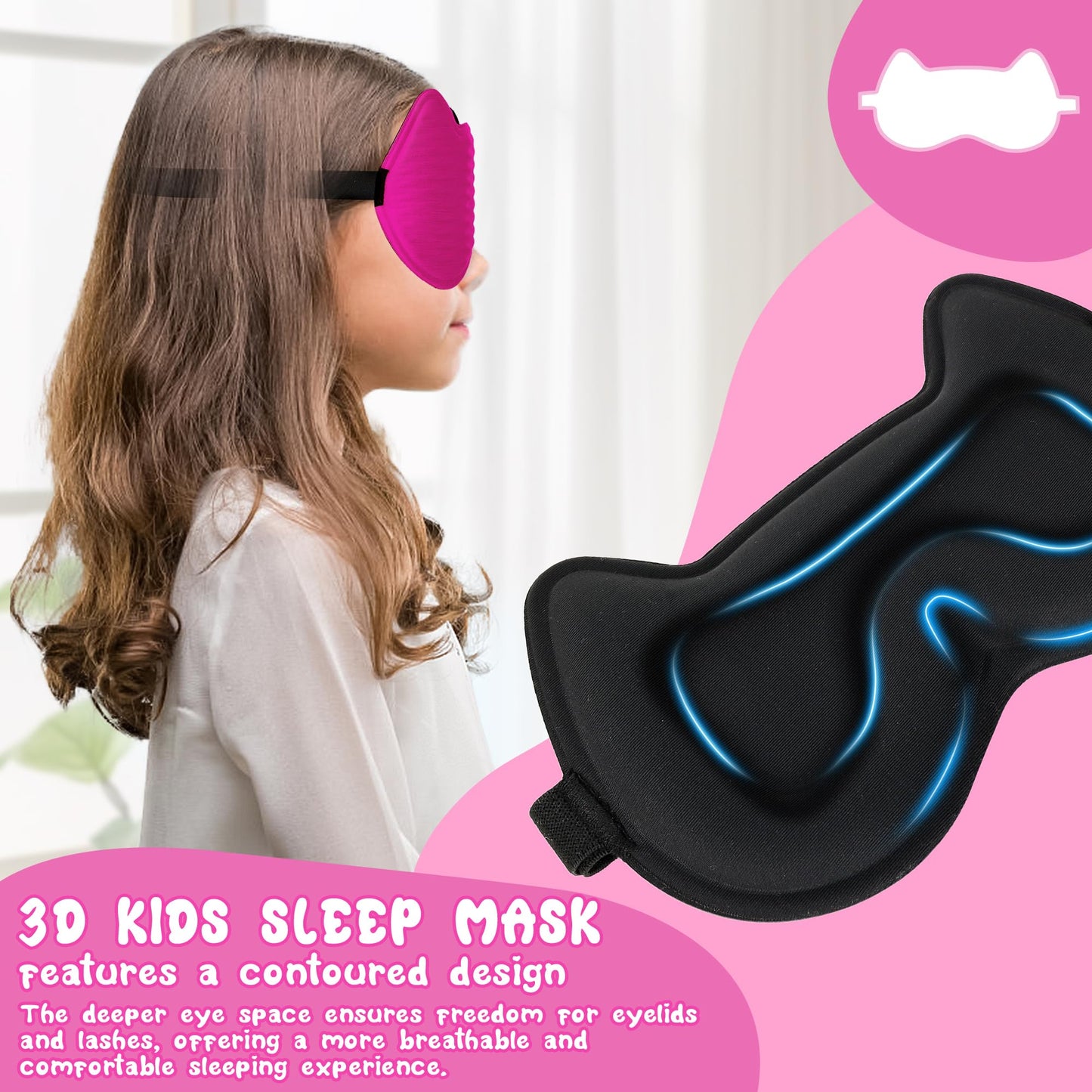 Kids Sleep Mask Eye Mask: 3D Contoured Cup Sleeping Masks, Blindfold with Adjustable Strap, Kids Eye Cover for Boys, Girls, Teens, Pressure-Free with Memory Foam Face Mask for Sleeping (Rose Red)