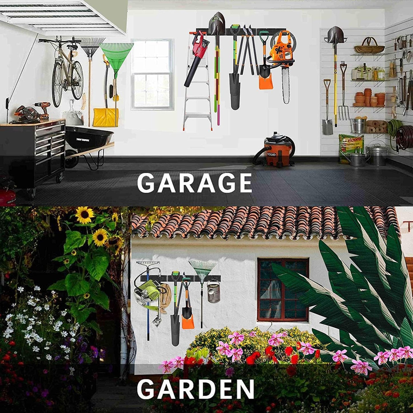 Garage Organizer Wall Mount, 64 Inch Garage Storage Organization, 20PCS Heavy Duty Garden Tool Organizer, Adjustable Tool Storage Rack Hooks, Yard Shed Tool Organizer, Hold Max 900 lbs